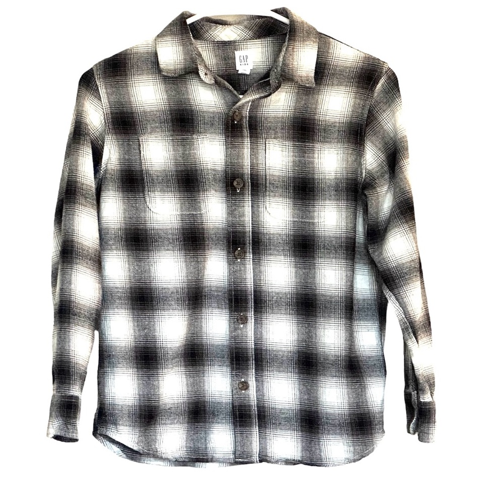 Boy’s Gap Long Sleeve Plaid Button Down Shirt Size 10 Large Ivory Gray Black - Picture 2 of 6